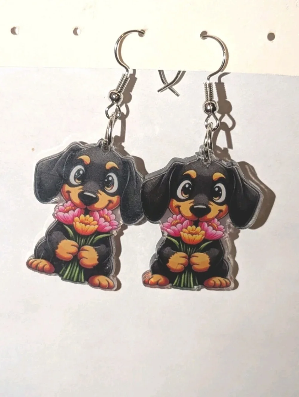 Hand Crafted Women's/Girls Cute Black Dachshund Earrings with Pink Flowers